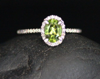 Petite Peridot Engagement Ring August Birthstone Ring Peridot Oval 7x5mm and Diamond Halo 14k White Gold Ring
