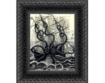 Kraken, Monster Octopus Print, Sea Monster Dictionary Art Print, Dictionary Page, Mixed Media Collage, Wall Decor, Wall Art