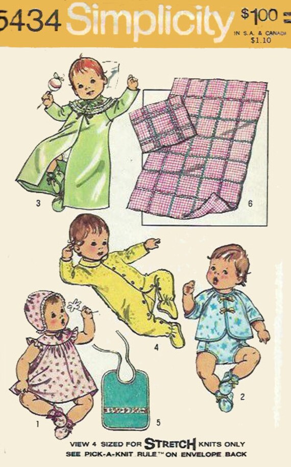 SALE - Uncut 1970's Simplicity Pattern 5434, 6 mo. Baby Layette, Dress, Bonnet, Booties, Gown, Panties, Sleeper, Bib, Pillow, Blanket