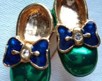 Vintage Goldtone Green Slippers Brooch/Pin