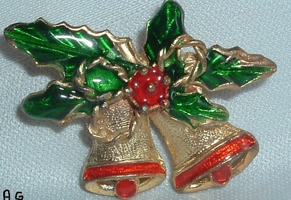 Vintage Goldtone Enameled Christmas Bells Brooch pin Holiday