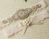 15% OFF Wedding garter set, Ivory stretch lace Bridal Garter set, Heirloom Rhinestone and Crystal garters