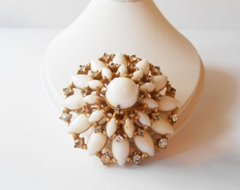 Milk Glass Brooch, Milk Glass, White Brooch, White and Rhinestone, Costume Jewelry, Wedding, Milk Glass Pin, White Pin
