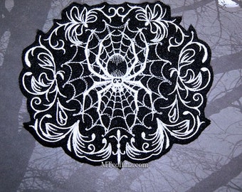 Damask Gothic Spiderweb Black White Iron On Embroidery Patch MTCoffinz