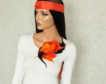 Felt flower Felted brooch Orange black brooch felt Fancy flower Felt orange brooch Accessories woman