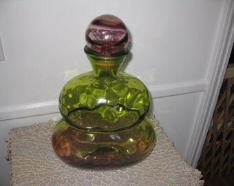 VINTAGE ART GLASS -Decanter, Large with Glass Stopper 13 1/4" Tall Green and Purple Heavy Decanter Weighs 6 Pounds