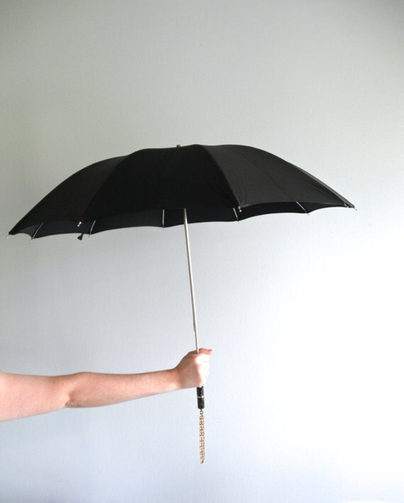 Vintage Umbrella Black With Gold Decorative Handle Chain and