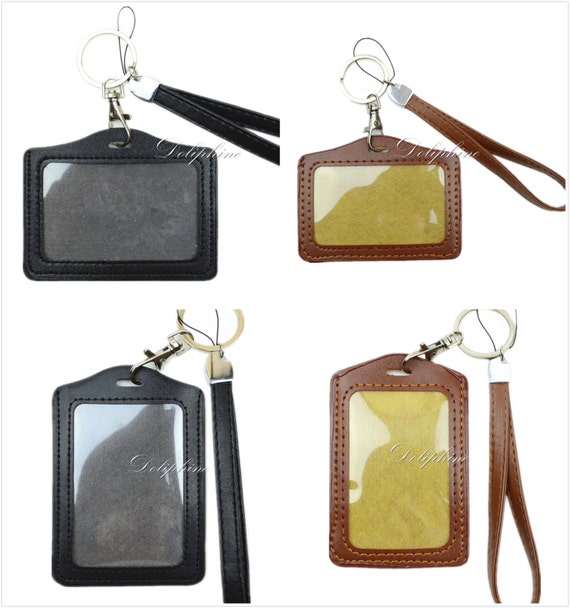 Black/Brown Wristlet Leather PU Lanyard with Vertical/Horizontal ID badge holder