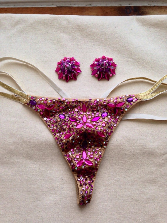 Rhinestoned burlesque panties and panties set, handmade, custom