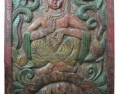 Antique Wooden Wall Panels Buddha Vitarka Mudra Carving Door India