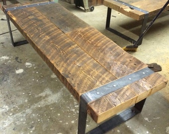 Reclaimed Barn-Wood Bench with Riveted Iron Legs