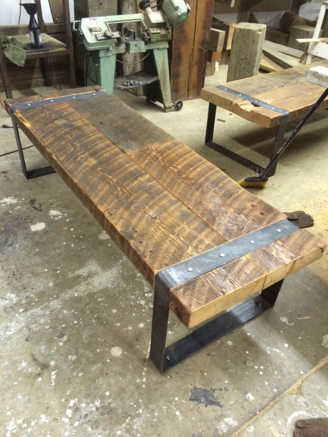 Reclaimed Barn Wood Bench With Riveted Iron Legs