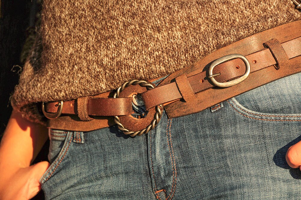 Womens boho belt hippie belt in genuine brown vintage leather