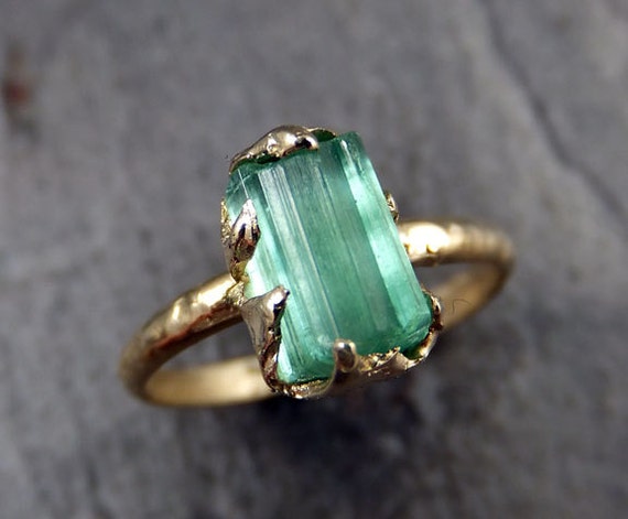 Raw Sea Green Tourmaline Gold Ring Rough Uncut Gemstone Rare color tourmaline recycled 14k Size 6 3/4 stacking cocktail statement byAngeline