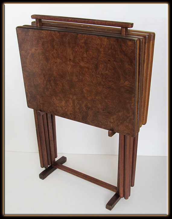 60s mid century modern set of 4 burl wood tv tray set w 60s mid century modern set of 4 burl wood tv tray set w