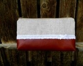 Linen and lace autumn clutch, cosmetic bag, purse, make up bag warm colours READY TO SHIP!