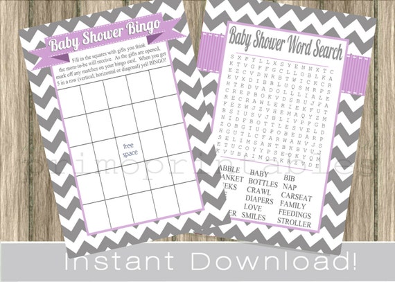 Baby Girl Shower Games Bingo and Word Search Cards / gray chevron and lavender / INSTANT DOWNLOAD diy digital printable files , babyshower Il_570xn