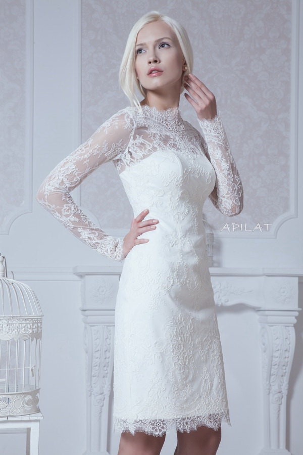 Fitted Style Short Lace Wedding Dress With Sleeves M38 5884