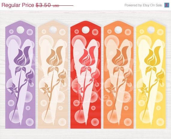ON SALE 50 % OFF Printable Long Gift Tags Bookmark Spring Colors, Rosebud motif Diy Holoday Wedding Label Png file instant download Il_570xn