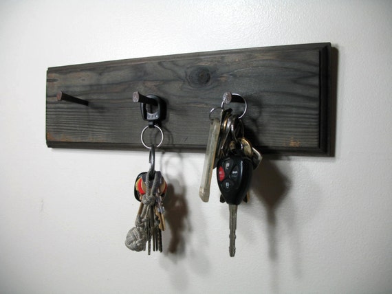 rustic wood key holder key rack key hook with old forged iron nail 