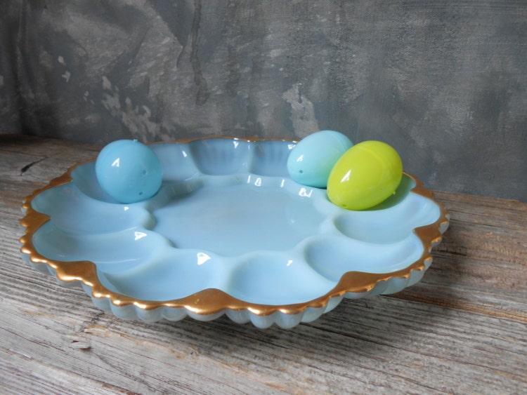 Vintage Blue Milk Glass Deviled Egg Plate: Pressed Milk by Untried