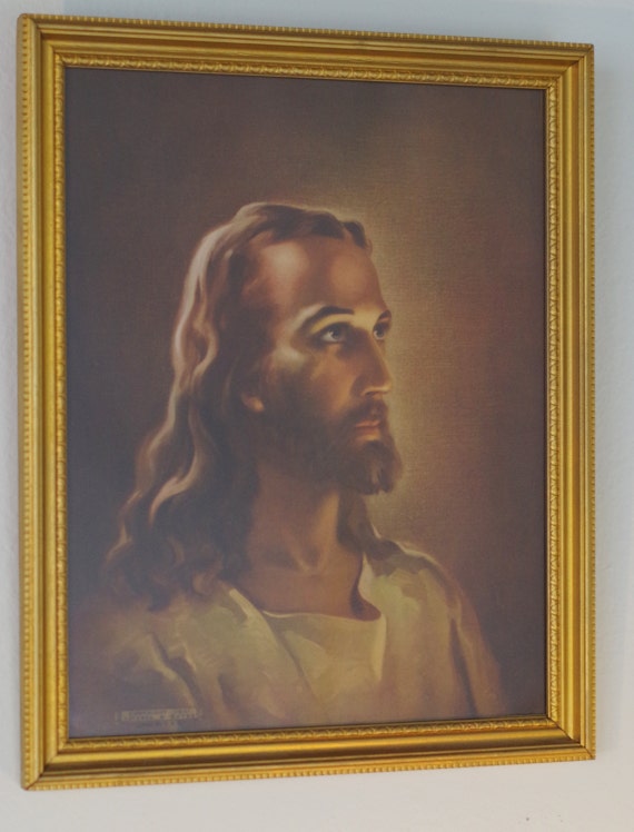 Vintage Framed Jesus Litho Print The Head of by VintageByDollymae