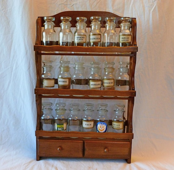 Vintage Wood Spice Rack Set 18 Apothecary jars and by Vintage42Day