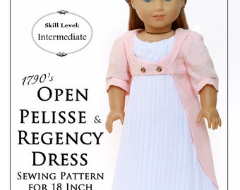 Pixie Faire Thimbles and Acorns 1790 Open Pelisse and Regency Dress Doll Clothes Pattern for 18 inch American Girl Dolls - PDF