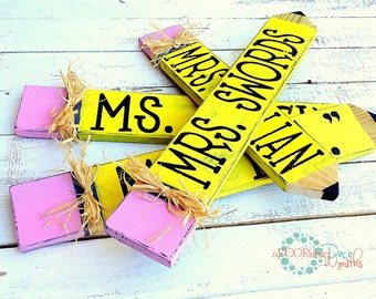 Personalized Teacher Name Plate, Wooden Pencil Sign