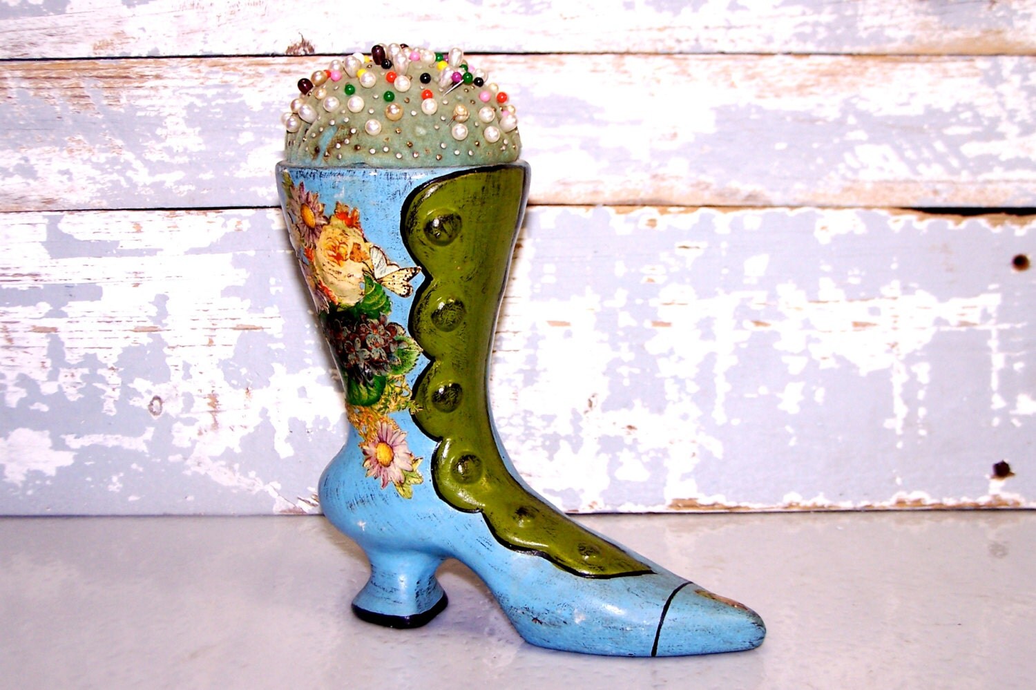 Pin Cushion Victorian Ladies Boot Shoe Decoupage California