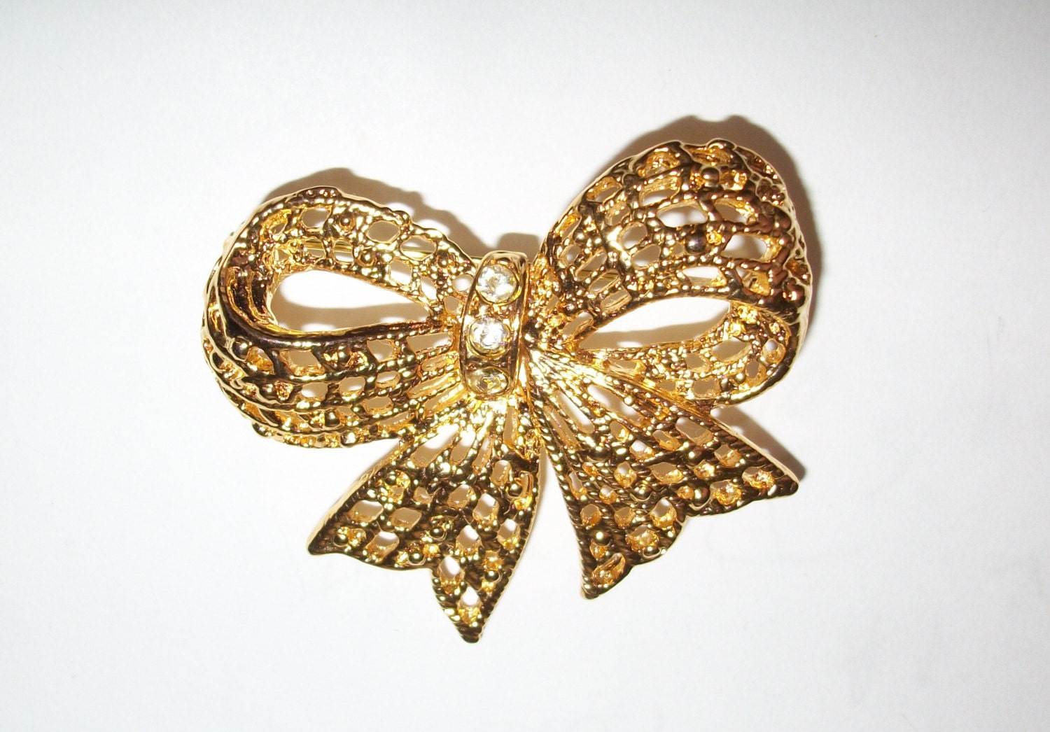 Vintage Gold Tone And Rhinestone Ribbon Bow Brooch Pin Haute Juice