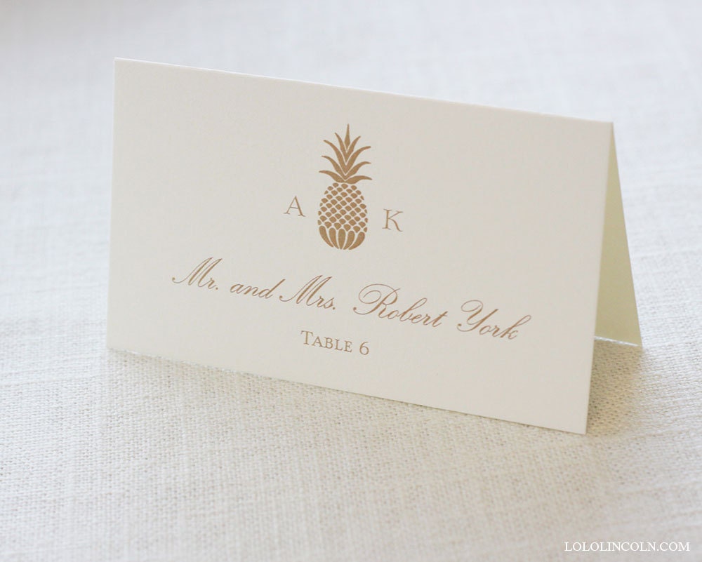 Printed Pineapple Monogram Wedding Place Cards Tented