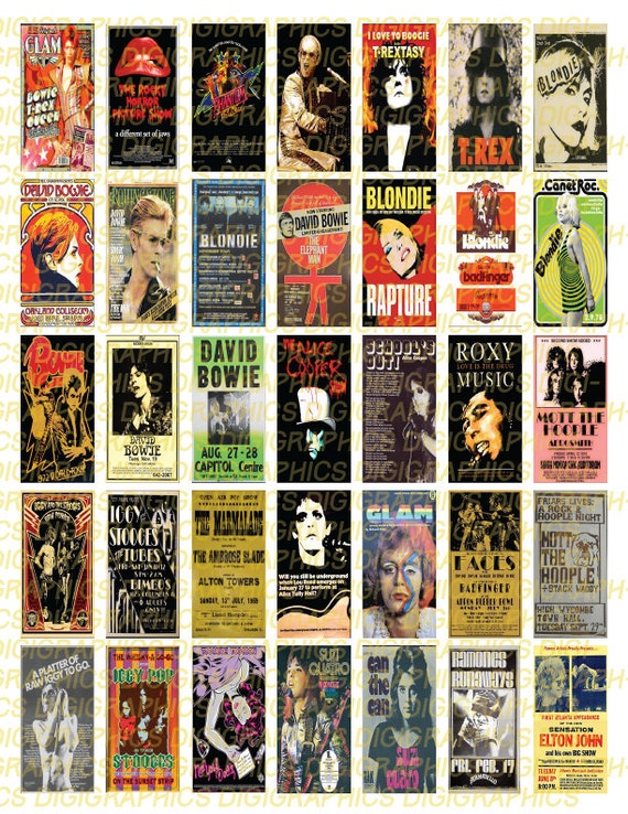 Vintage Glam Rock Posters 1X2 Domino Sized print out digital