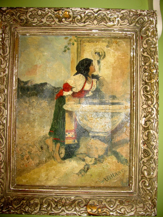 Antique French Oil Painting On Canvas Of Peasant Girl Drinking