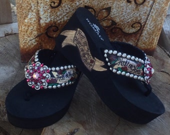 Hell On Heels Hand Painted Leather Flip Flops with Conchos and Rhinestones