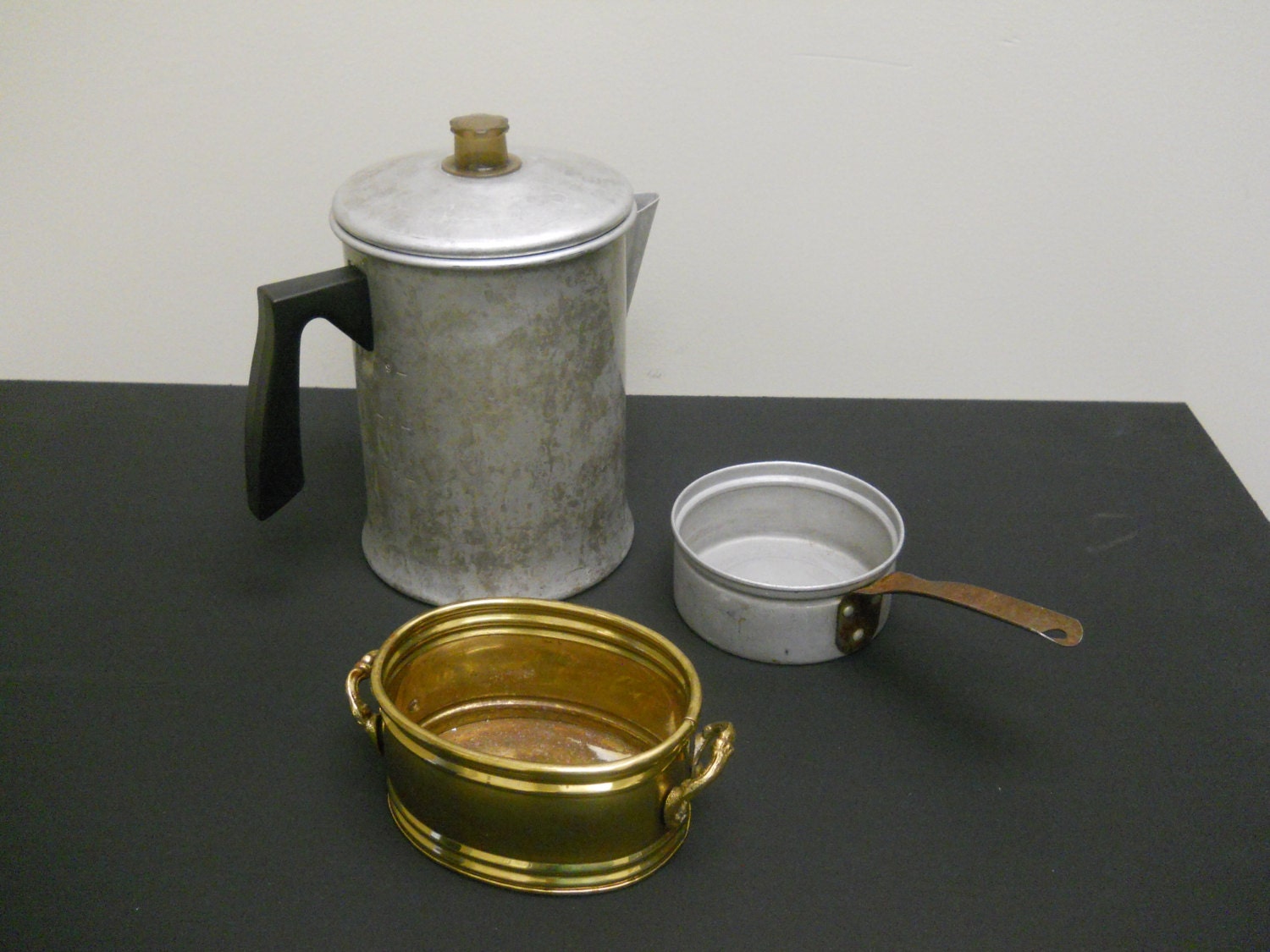 Vintage Metal Kitchen Items aluminum and brass dishes by MacBroc