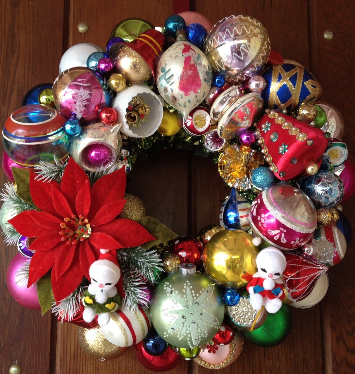 Vintage Ornament Wreath with Vintage Flocked Poinsettia and