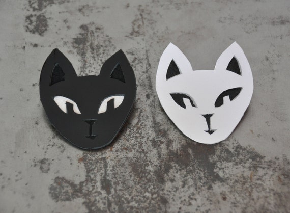 Cat brooch in black and white reclaimed leather handmade in London - black cat, black and white cat, mothers day, cute animal brooches