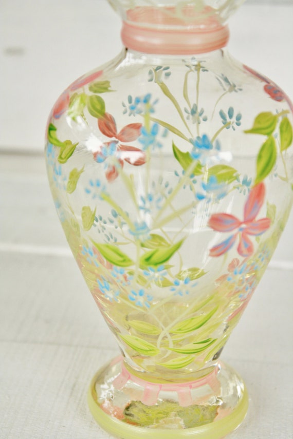 Vintage Glass Hand Painted Floral Vase