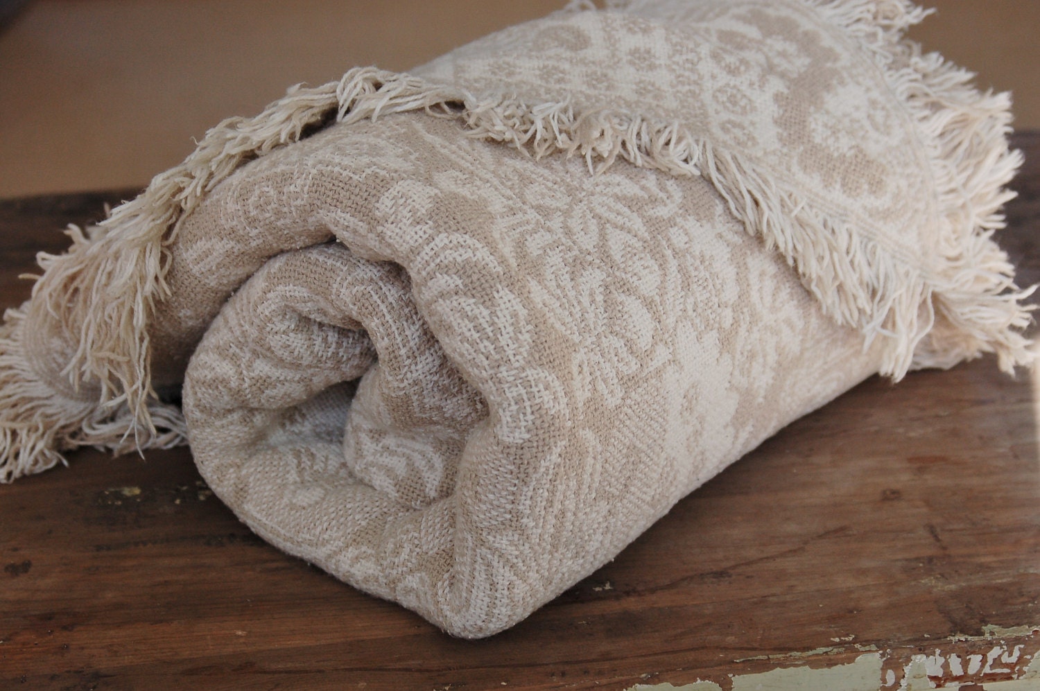 Floral Jacquard Throw Blanket Sand White Reversible Homespun