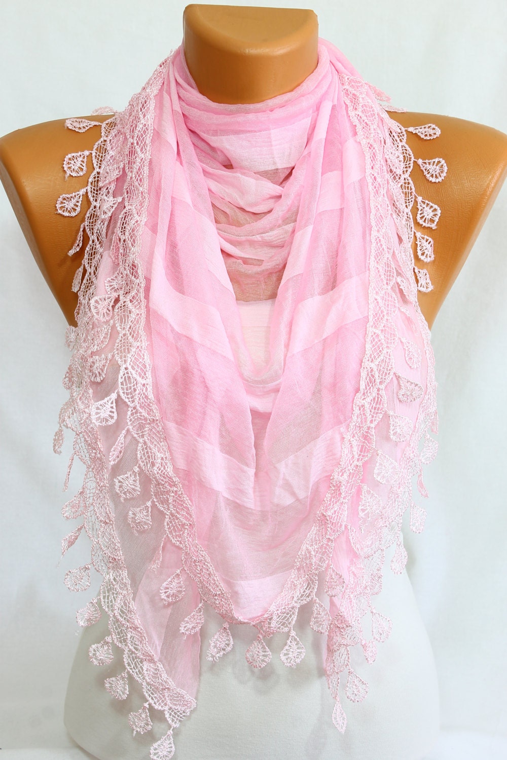 Lace Trim Edge Tulle Scarf Pink Scarf Triangle Scarf by escherpe