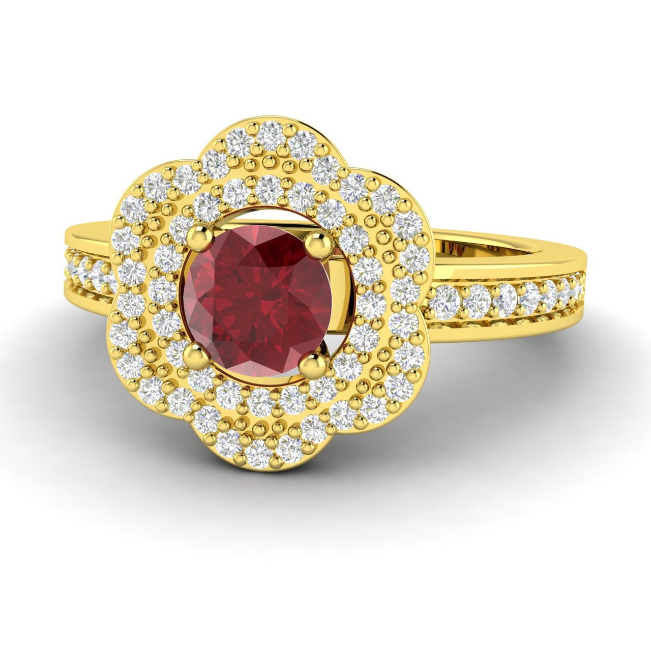 Floral Ruby Ring with Diamond in 14K Yellow Gold by Diamondere