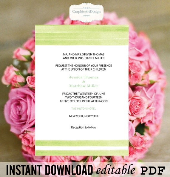 Wedding Invitation Template - Mint Green WaterColor Printable Wedding ...