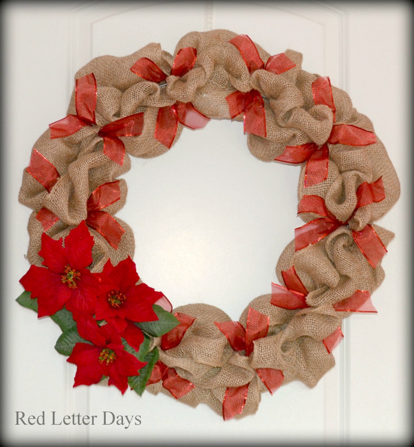 Large Burlap Wreath, Holiday Wreath, Poinsettia Wreath