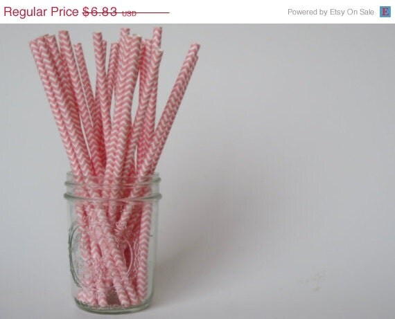 10% off - 50 pink and White CHEVRON Paper Straw - ships less than 24 hours Il_570xn