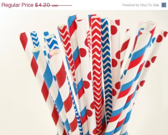 10% off - 25 Dr. Seuss Red, White and Bright Blue Paper Straw Mix - Stripe, Dot & Chevron - ships less than 24 hours Il_570xn