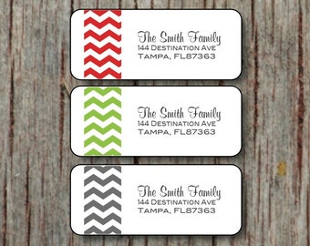 Christmas Return Address Labels - Custom Holiday Label Stickers - 60 Personalized Red Green Grey Chevron Return Address Labels - 003