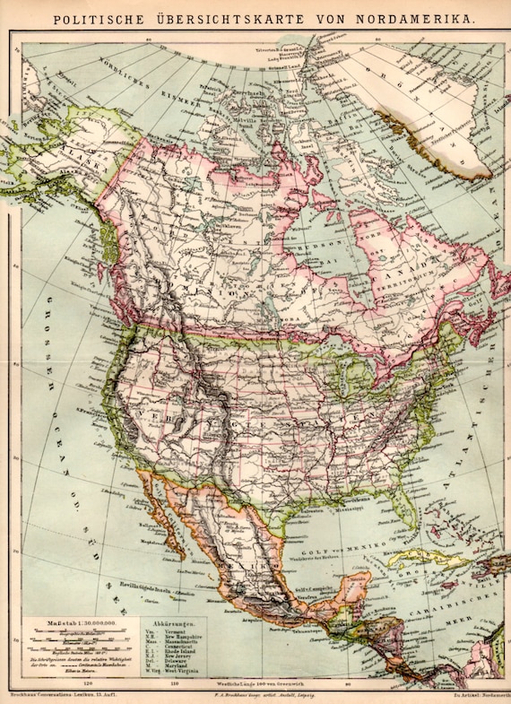 1885 North America Antique Map Antique Engraving Vintage