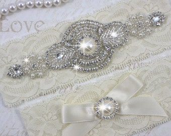 SALE - PRISCILLA - Pearl Garter Set, Wedding Stretch Lace Garter, Rhinestone Crystal Bridal Garters