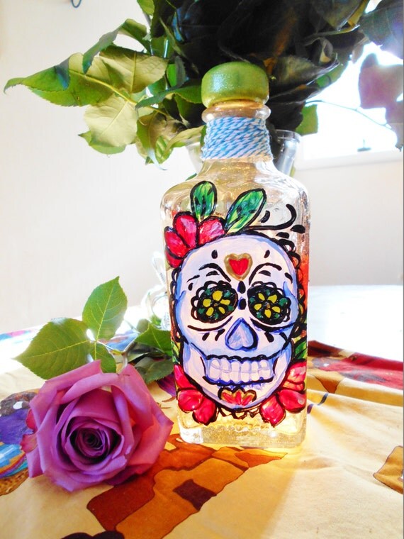 Sugar Skull Painted Tequila Bottle Light